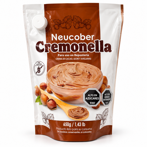 Cremonella Neucober Cacao, Leche y Avellanas 650 g sobre fondo blanco