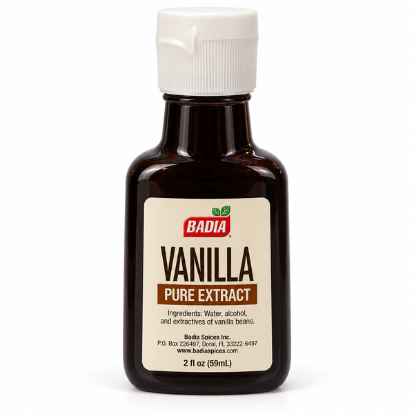 Extracto puro de vainilla Badia 59 ml en frasco oscuro con tapa blanca sobre fondo blanco