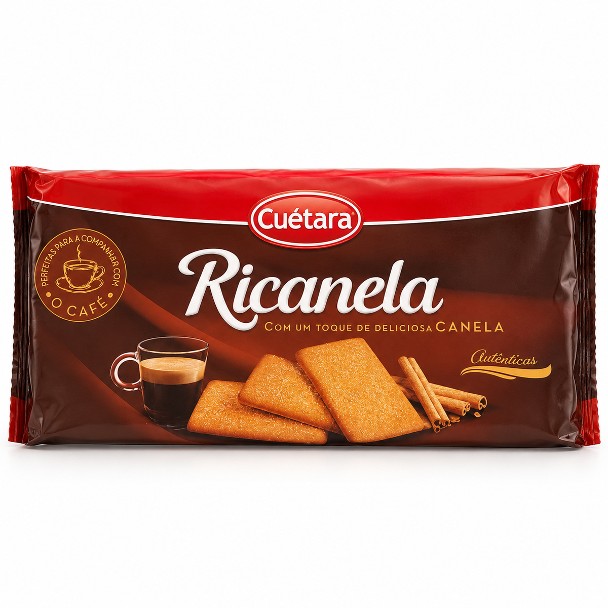 Paquete rojo y marrón de galletas Ricanela Cuétara con canela sobre fondo blanco