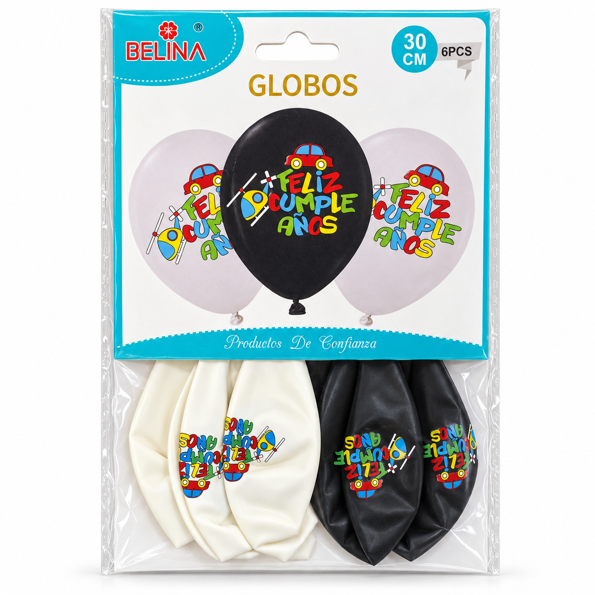 Paquete Belina de seis globos blancos y negros con diseño Feliz Cumpleaños y vehículos de colores