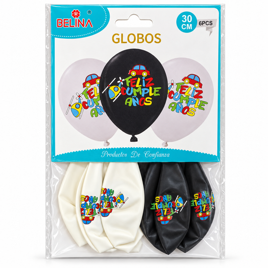 Paquete Belina de seis globos blancos y negros con diseño Feliz Cumpleaños y vehículos de colores