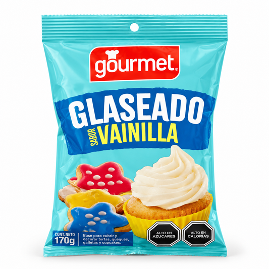 Glaseado Sabor Vainilla Gourmet 170 g en envase individual sobre fondo blanco