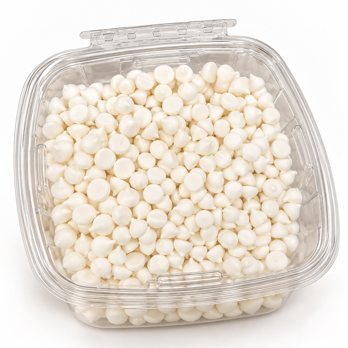 Merengues blancos en forma de gotita en envase transparente de 250 g sobre fondo blanco