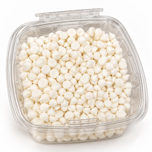 Merengues blancos en forma de gotita en envase transparente de 250 g sobre fondo blanco