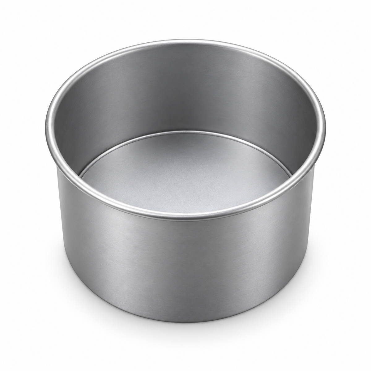 Molde redondo de aluminio con fondo desmontable de 10 cm de diámetro y 7 cm de alto sobre fondo blanco