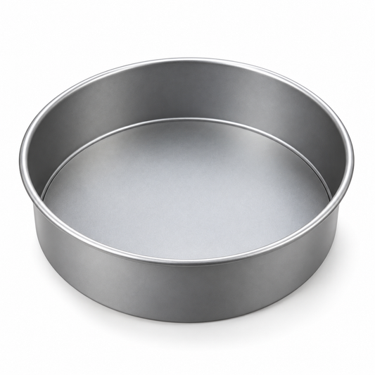 Molde redondo de aluminio con fondo desmontable de 24 cm de diámetro y 7 cm de alto sobre fondo blanco
