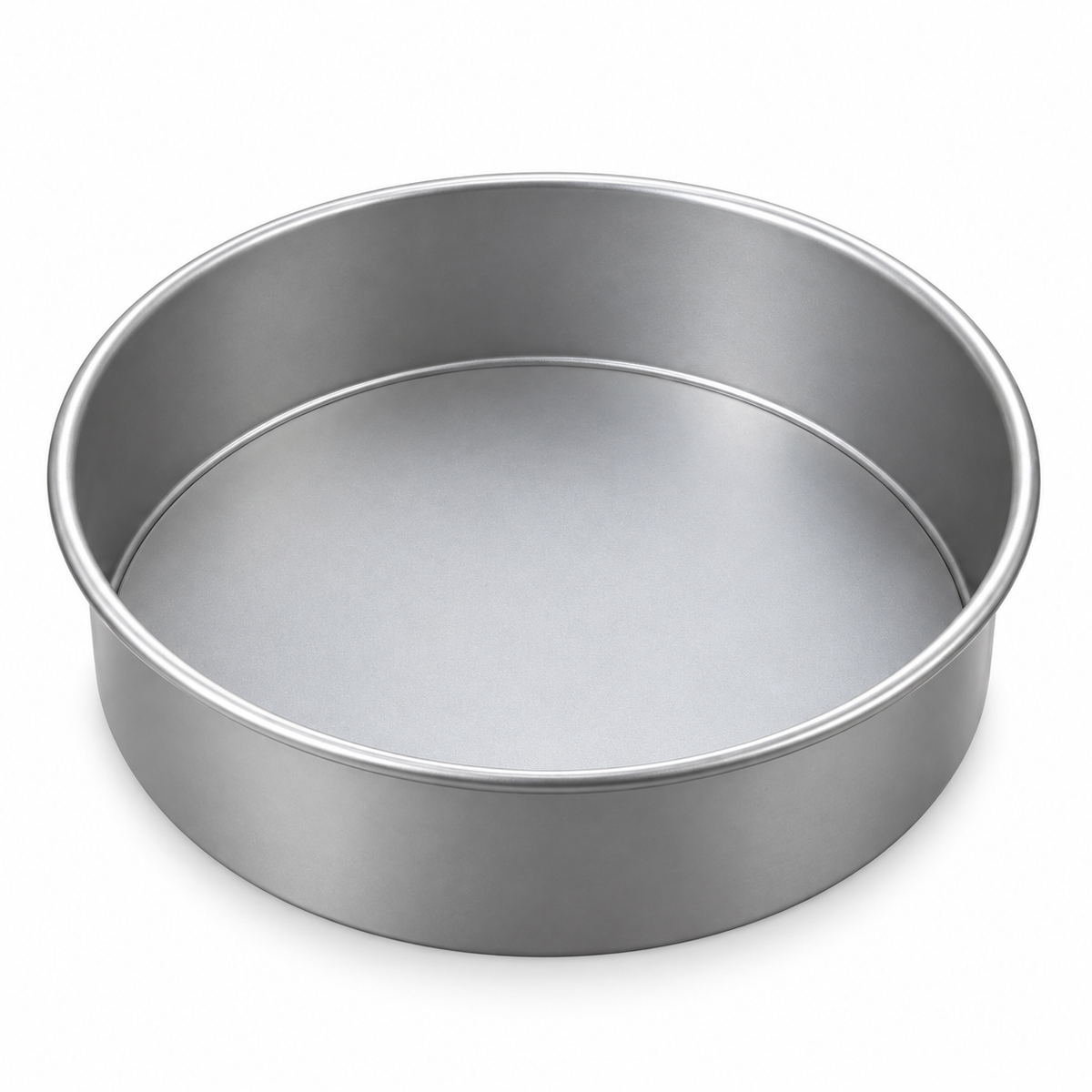 Molde redondo de aluminio con fondo desmontable de 26 cm de diámetro y 7 cm de alto sobre fondo blanco