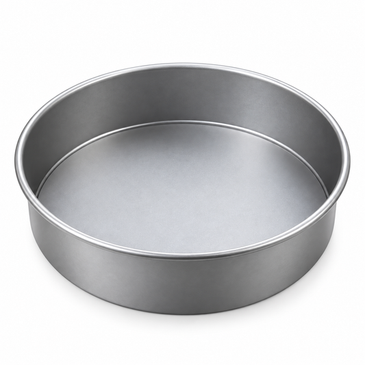 Molde redondo de aluminio con fondo desmontable de 30 cm de diámetro y 7 cm de alto sobre fondo blanco