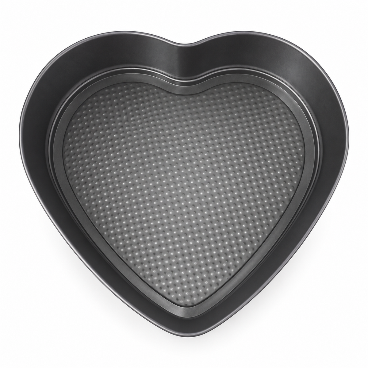 Molde para torta en forma de corazón gris con base texturada sobre fondo blanco