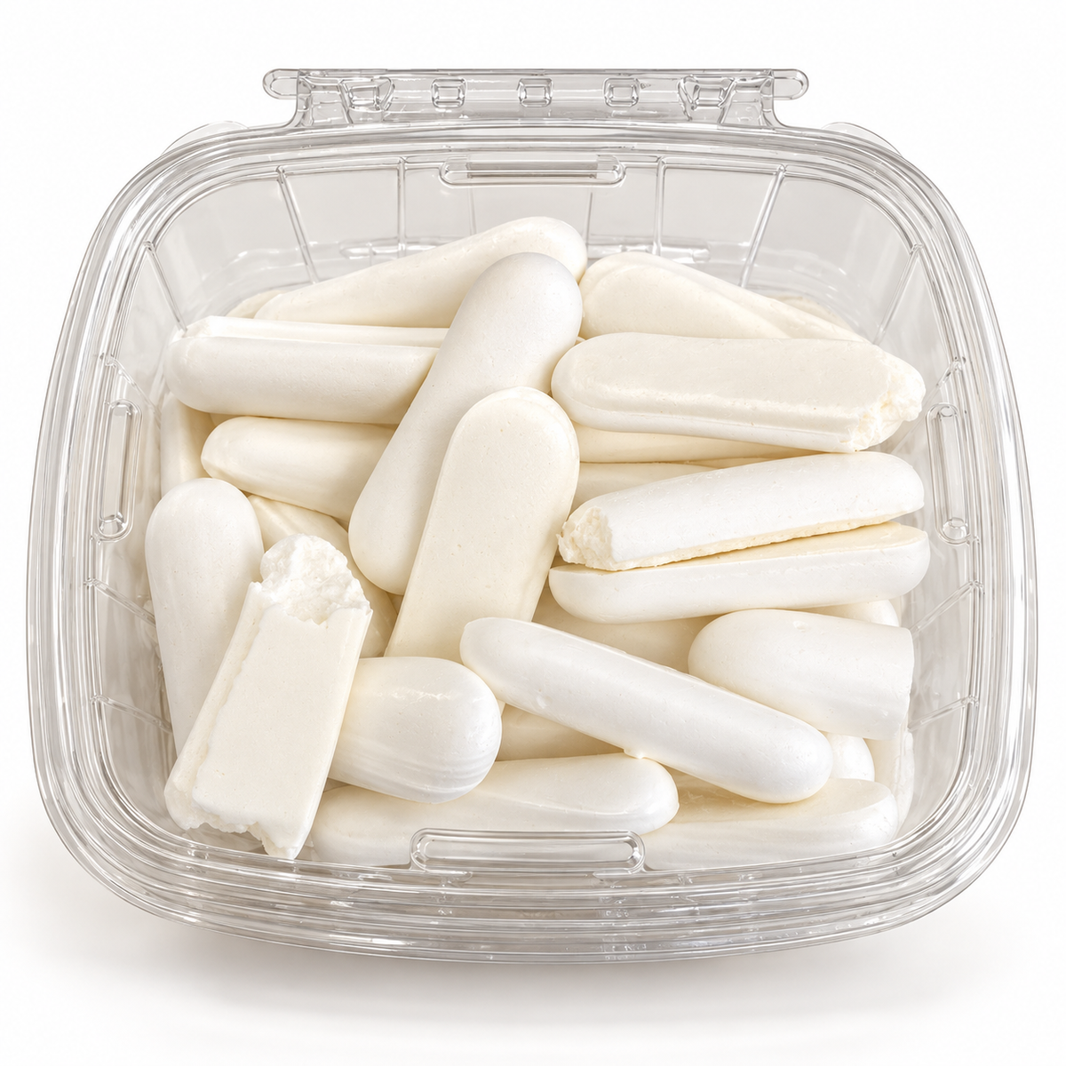 Palitos de merengue blanco en envase transparente de 250 g sobre fondo blanco