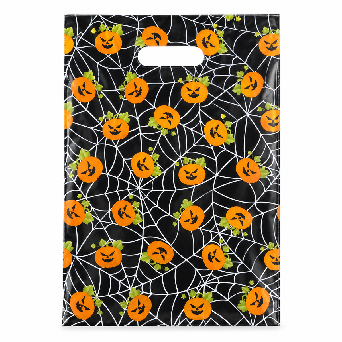 Bolsas Halloween Calabazas y Telarañas 17 × 25 cm – 10 Unidades sobre fondo blanco