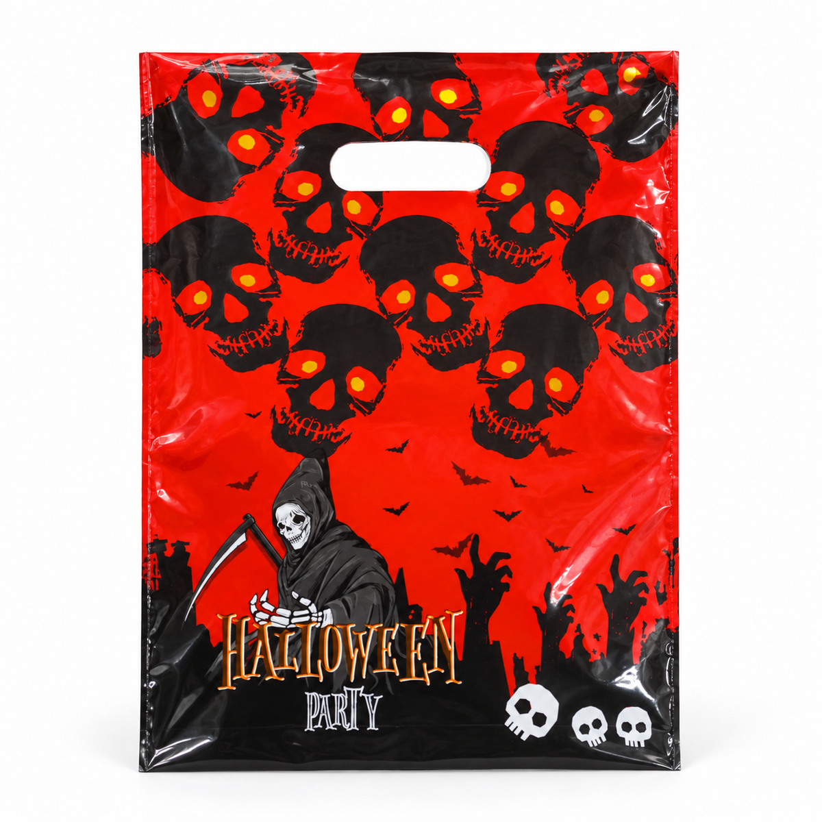 Bolsas Halloween Rojas con Calaveras – 10 Unidades sobre fondo blanco