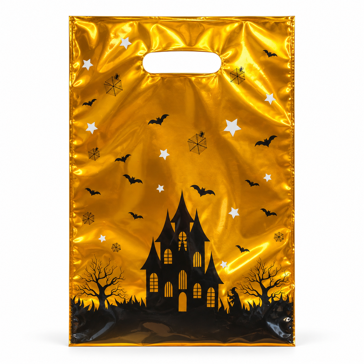 Bolsas Halloween Doradas con Castillo 17 × 25 cm – 10 Unidades sobre fondo blanco