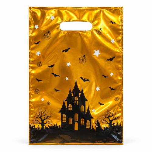 Bolsas Halloween Doradas con Castillo 17 × 25 cm – 10 Unidades sobre fondo blanco